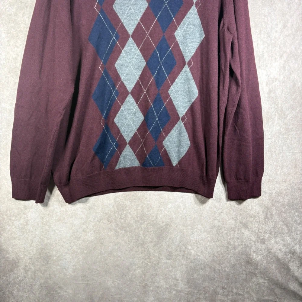 Banana Republic Sweater Mens XXL Burgundy Argyle V-Neck Merino Wool Fall Preppy